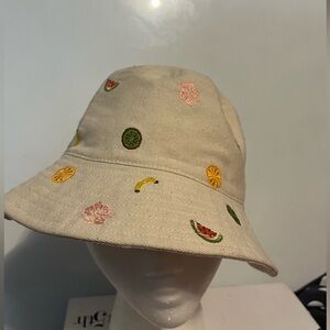 New J. Crew Beige Bucket Hat with Colorful Fruit Embroidery